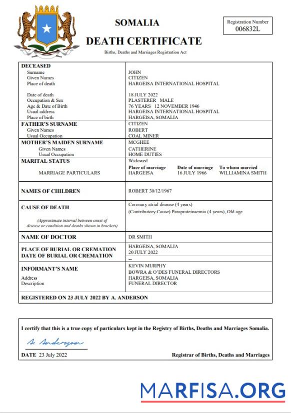 Realistic Somalia vital record death certificate Word and PDF template